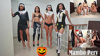 Vier Freche Nonnen Beteiligen Sich An Einer Heißen Halloween-Orgie Mit Anal, Cowgirl Und Gaps